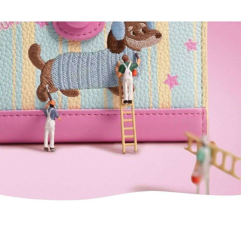 Korean Style Dachshund Embroidery Short Wallet Dopamine Color Cartoon Dog Coin Purse PU Zipper Small Item Bag Women Girl C260304