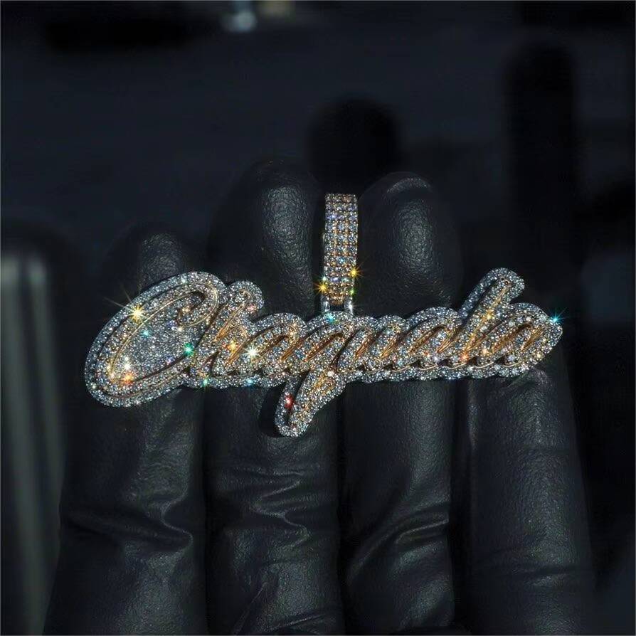 Custom VVS Moissanite Diamond Cursive Letter Pendant S925 Silver with 10k Solid Gold Filled Iced Charms Pendants