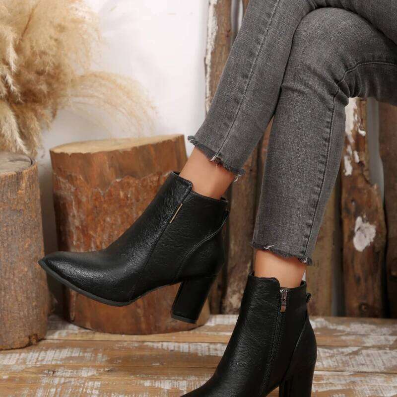 2025 Winter New Fashion Boots with Side Zipper Short Sleeve Elegant Pointed Coarse Heel Women's Shoes