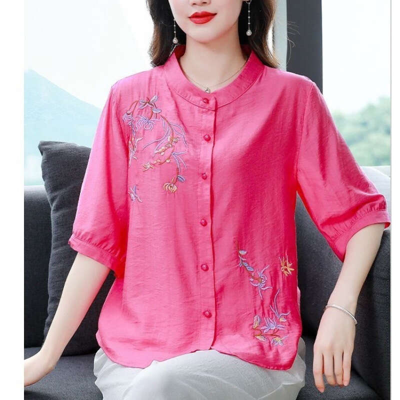 Cotton Linen Embroidered irt ort Sve Women's Summer Faion Loose Fit Versatile Trendy Top for Commute Office, casual loose new Chinese style top