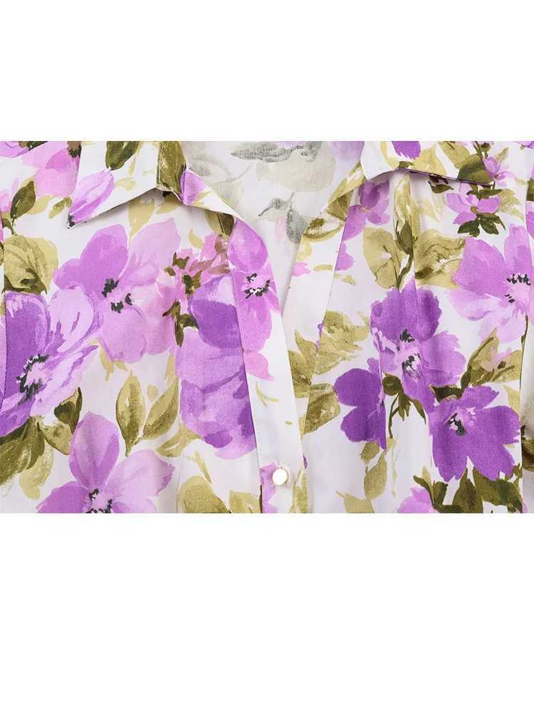 HH Womens Summer New Fashion Belted Purple Floral Print Long Dress Female Temperament Lapel Single-Breasted Short-Sleeved Dress X260306
