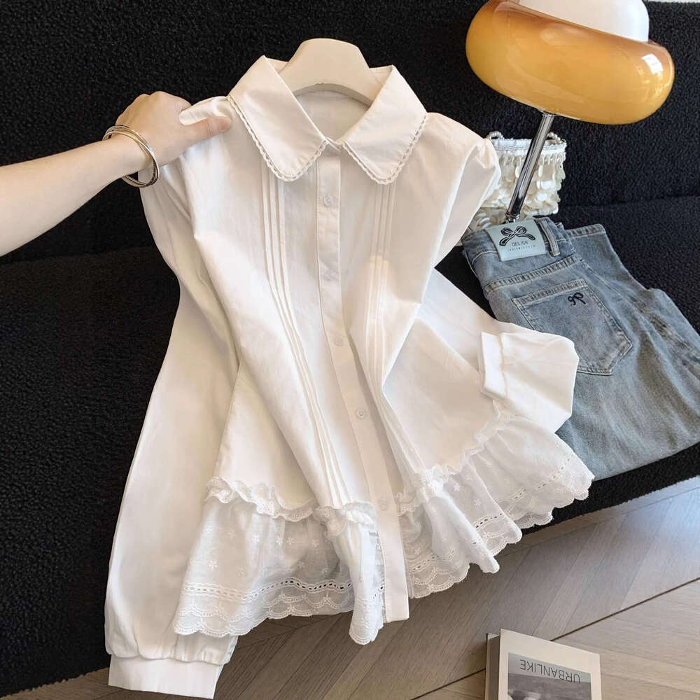 Elegant white long-sleeve shirt with lace hem and patchwork design for women, 2026 new model, Designer doll collar top A10479