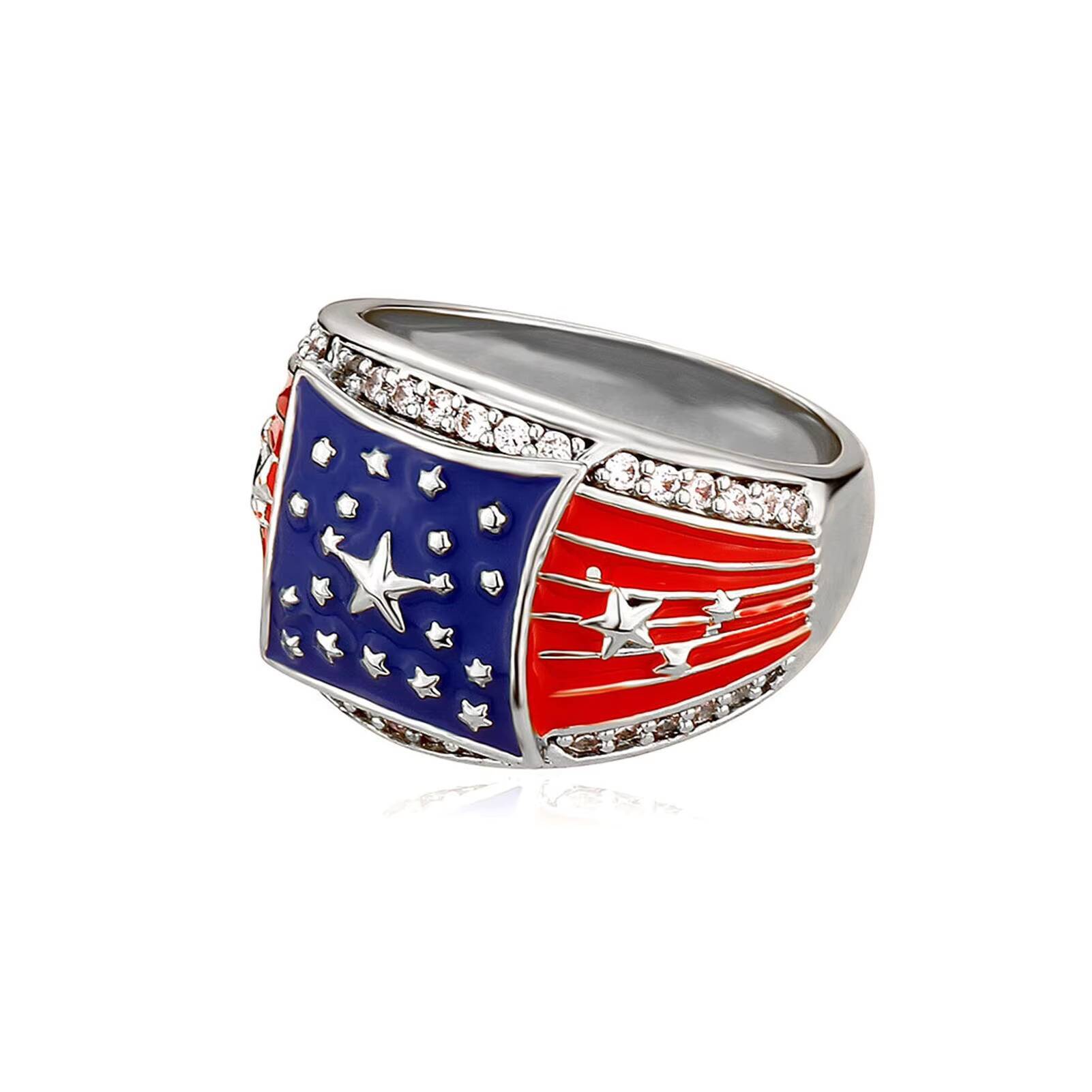 Wholesale Trendy Dripping Oil American Flag Style Rings Iced Out Cubic Zircon Ethnic Jewelry Silver Gold Color USA Flag Men Ring