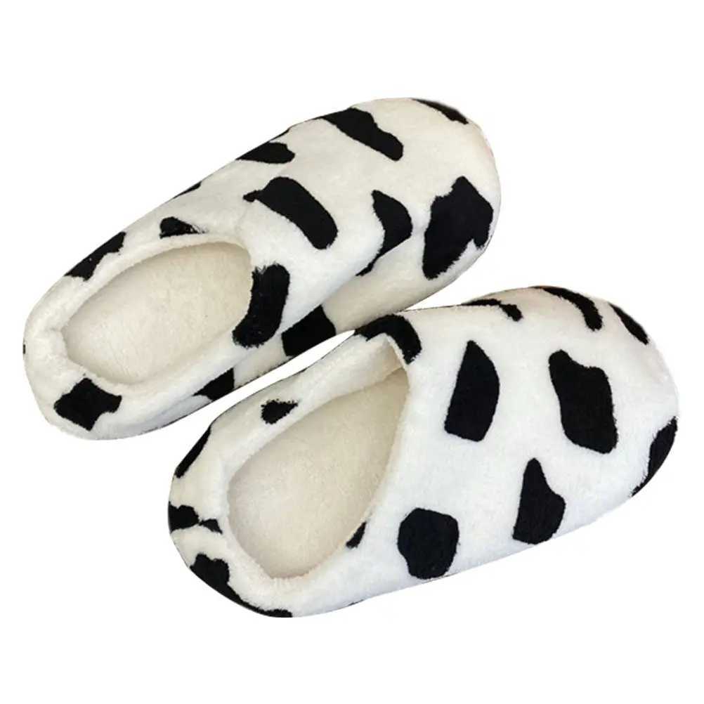 1 Pair Cow Pattern Warm Winter Slippers Black White Comfortable Lightweight Indoor Bedroom Shoes Slip-on Household Warm S260305