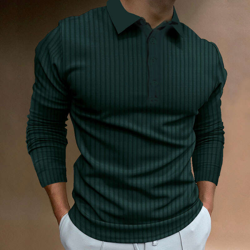 European and American Cross-Border Trade Men's Summer Sports Fitness Casual Turn-Down Collar Stretch Vertical Stripe Long Sleeve Polo Shirt for M