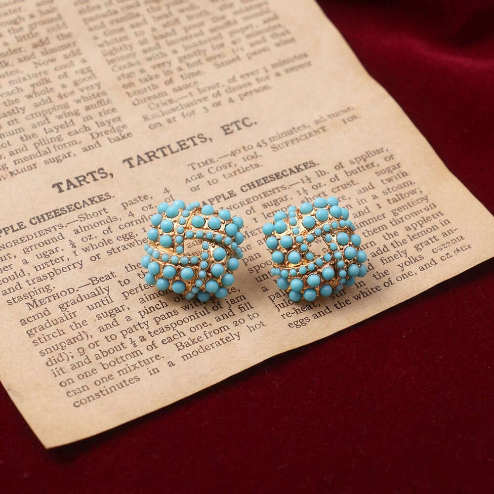 Vintage Square Turquoise Earrings Geometric Beads And Silver Studs Niche Design With A High-End Feel Women's Accessories High-Quality