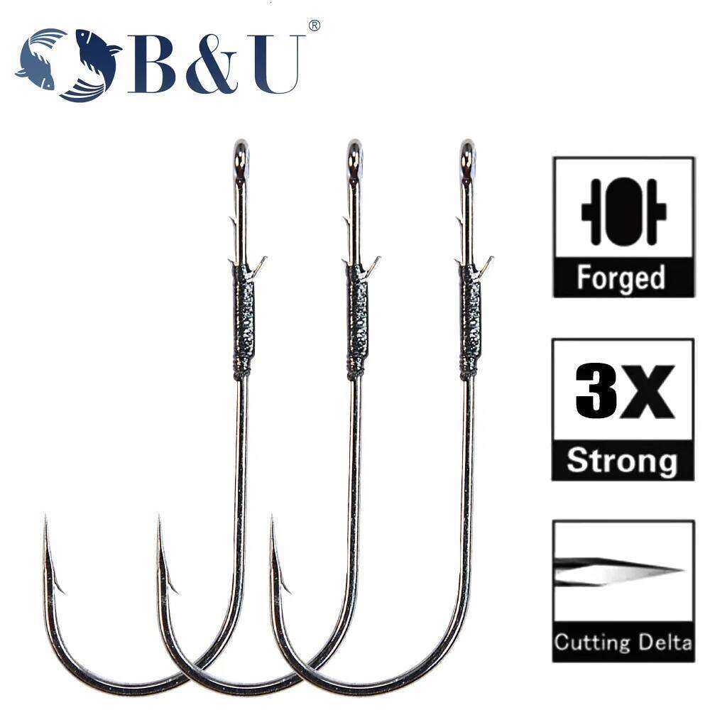 B&U 5ps cHandmade Flipping Hooks for Bass Fishing High Carbon Steel Long Shank Hook Soft Worm Texas Rig Fish Tackle S260305
