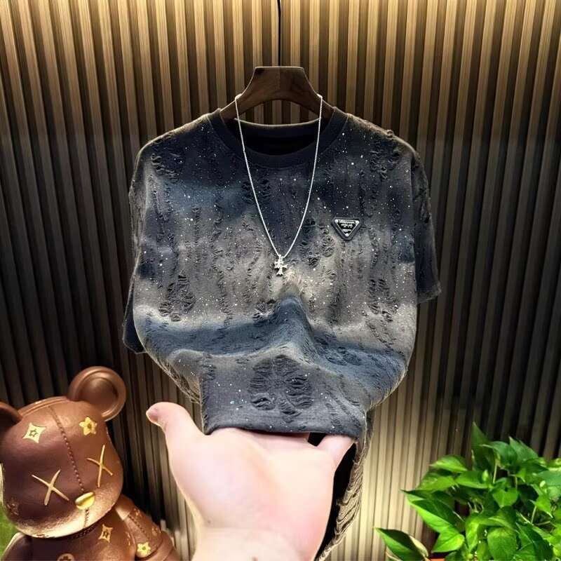 Designer Round Neck Top New Summer Short Sleeve Trendy Versatile Distressed T-Shirt Men's Half-Sleeve T-Shirt Luanyun