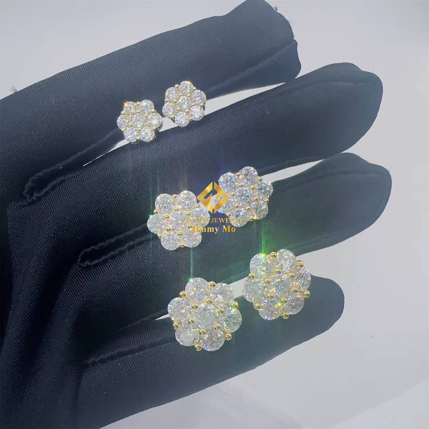 Ready to Ship Stock Drop Shipping Mens Iced Out Hip Hop Sterling Silver 925 Screw Back Moissanite Flower Shape Cluster Earrings