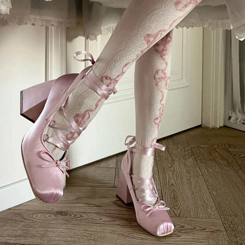 Pink Cross Strap High Heels Chunky Heel Girl Ballet Style Outdoor Elegant Satin Lolita Shoes Women