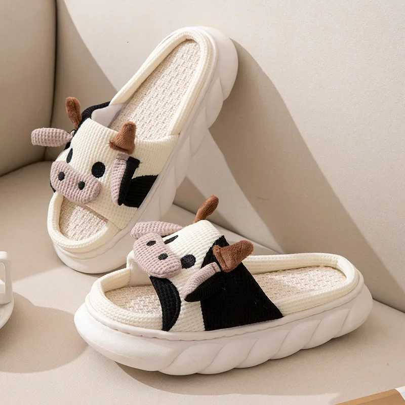 Cute Women Cow Linen Home Slippers Men Four Seasons Indoor Flip Flops Female Indoor Floor Shoes Adult Comfortable Cartoon Slides S260305