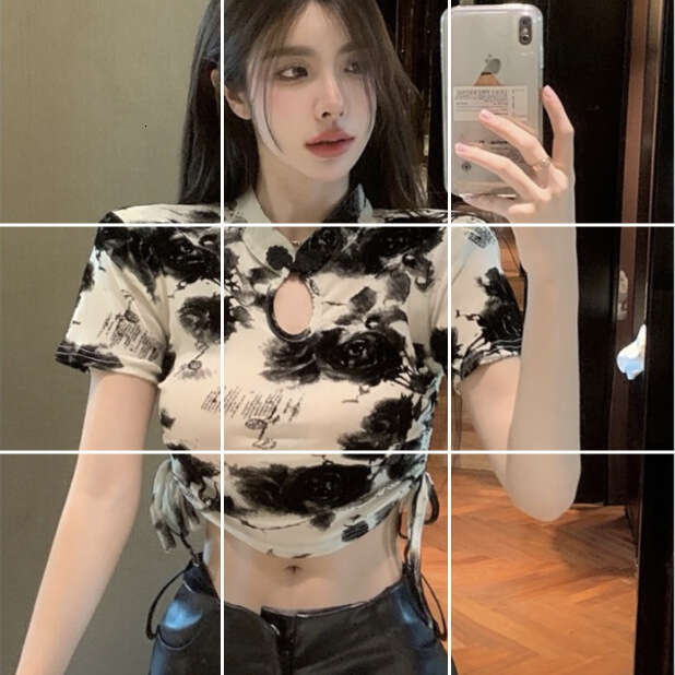 Ink wash painting T-shirt Round Neck Short Sleeved Casual Fashion Slim Fit Female T-shirt New Chinese Style frog button Adjustment of drawstring on bo