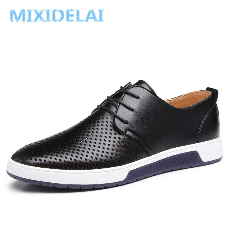 MIXIDELAI Summer Breathable Holes Soft Male Casual Leather Shoes Adult Flat Footwear Comfortable Shoes For Men 260305