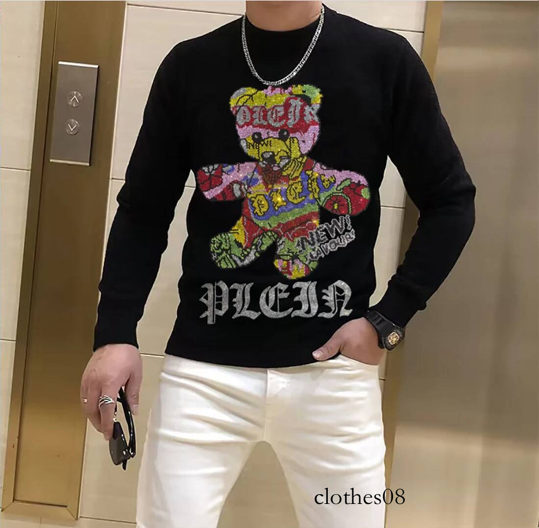 Men's Street Sweater Trendy Brand Rhinestone Skull Plein Pullover Tops Round Neck Plus Size Black Hip-Hop Streetwear Man Clothes