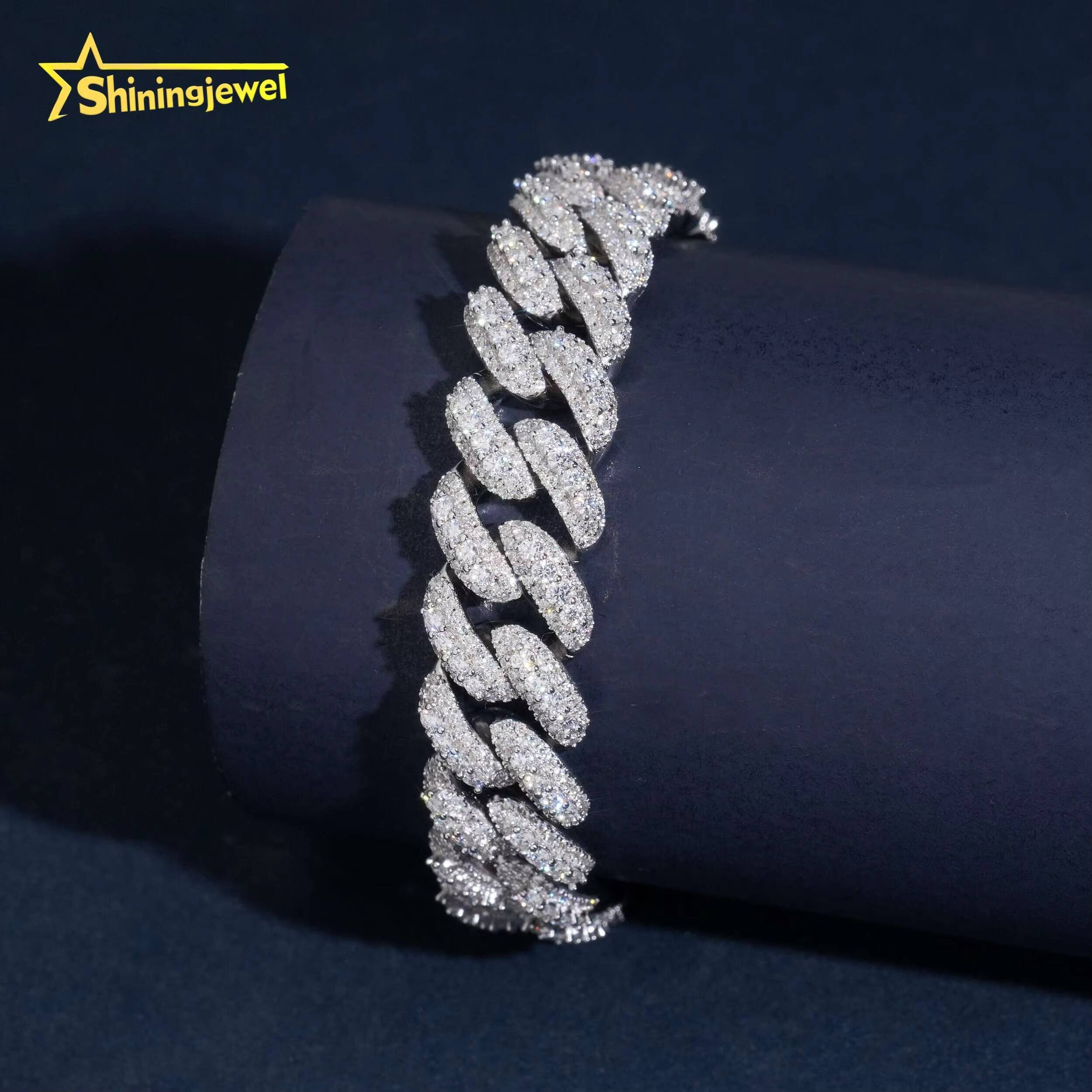 USA Warehouse New Style Men 925 Silver Bracelet Iced Out 13mm Hip Hop Moon Shape Moissanite Cuban Bracelet Fine Jewelry