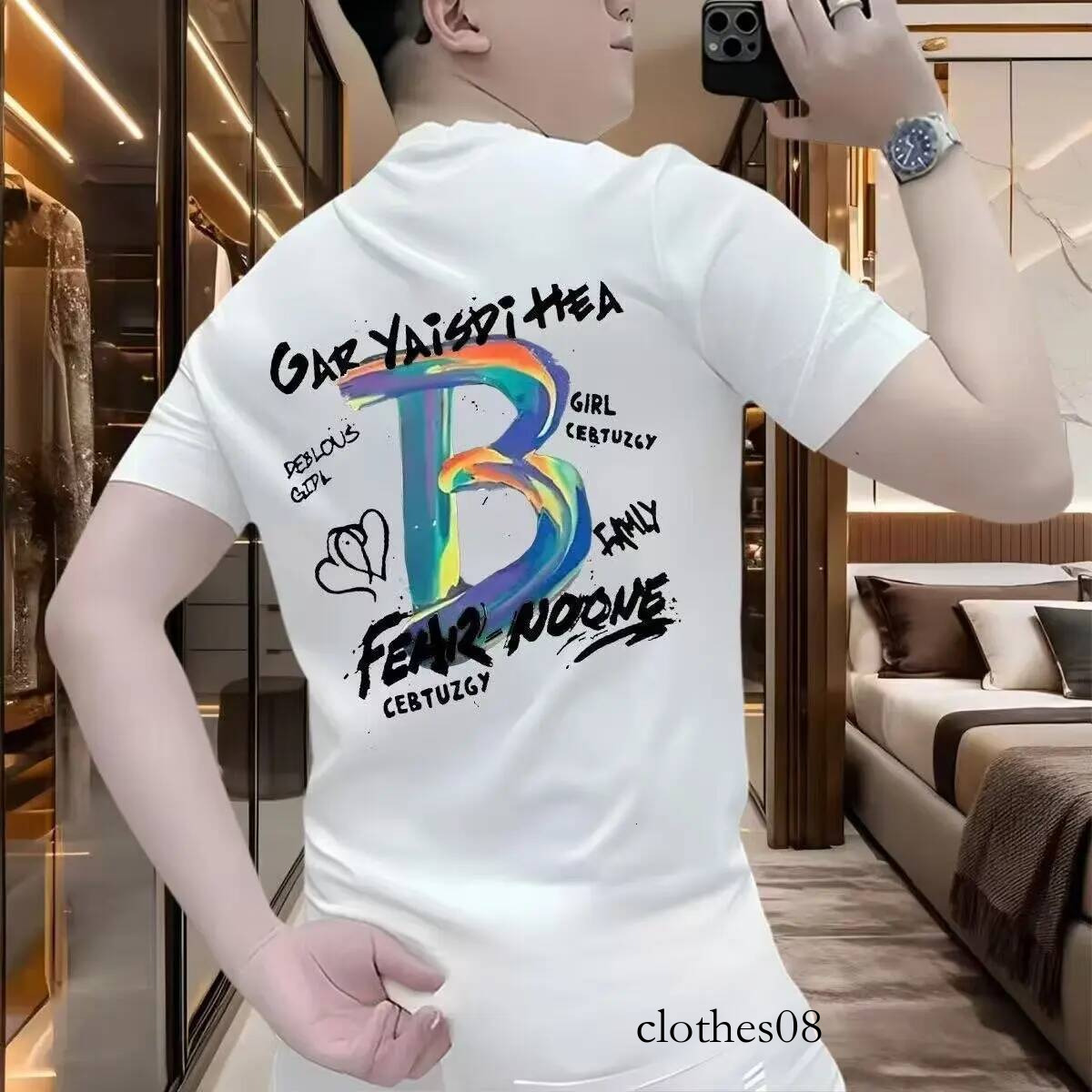 Summer New Trendy Brand Short T-Shirt Letter B Print Unisex Half Sleeve Base Shirt Korean Style Cotton Cartoon