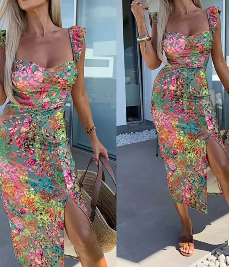 Floral Print Ruffle Sleeve Sundress Spaghetti Strap Summer Dress Effortlessly Romantic for Vacation Beach Getaways X260306
