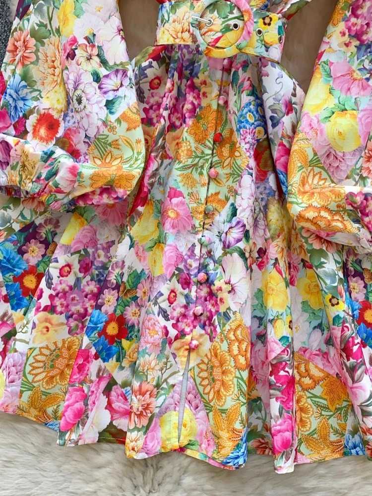 France Elegant Vintage Evening Dress Women Print Sashes Button Short Party Dress Female Casual Chic Festival Clothing New X2603061