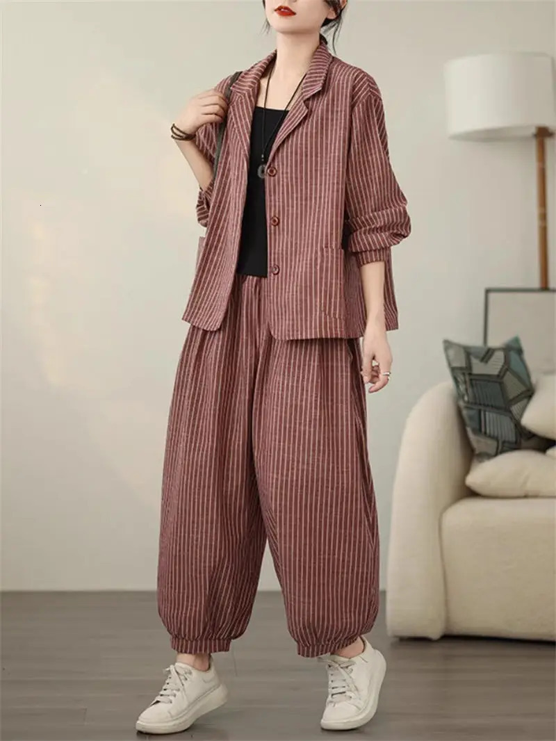 Retro Stripe Cotton And Linen Suit Womens Autumn Temperament Casual Wide Leg Harem Pants Loose Oversized 2 Piece Set K2478 260305