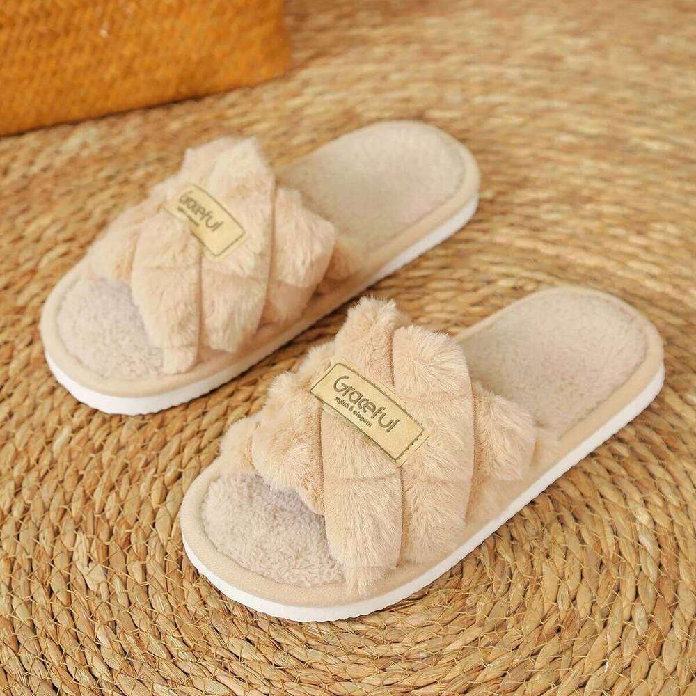 Litfun Winter Fluffy slippers For Women Open Toe Flat Bottom Home Slides New Warm Indoor Cotton Shoes Soft Sole Women's Slippers