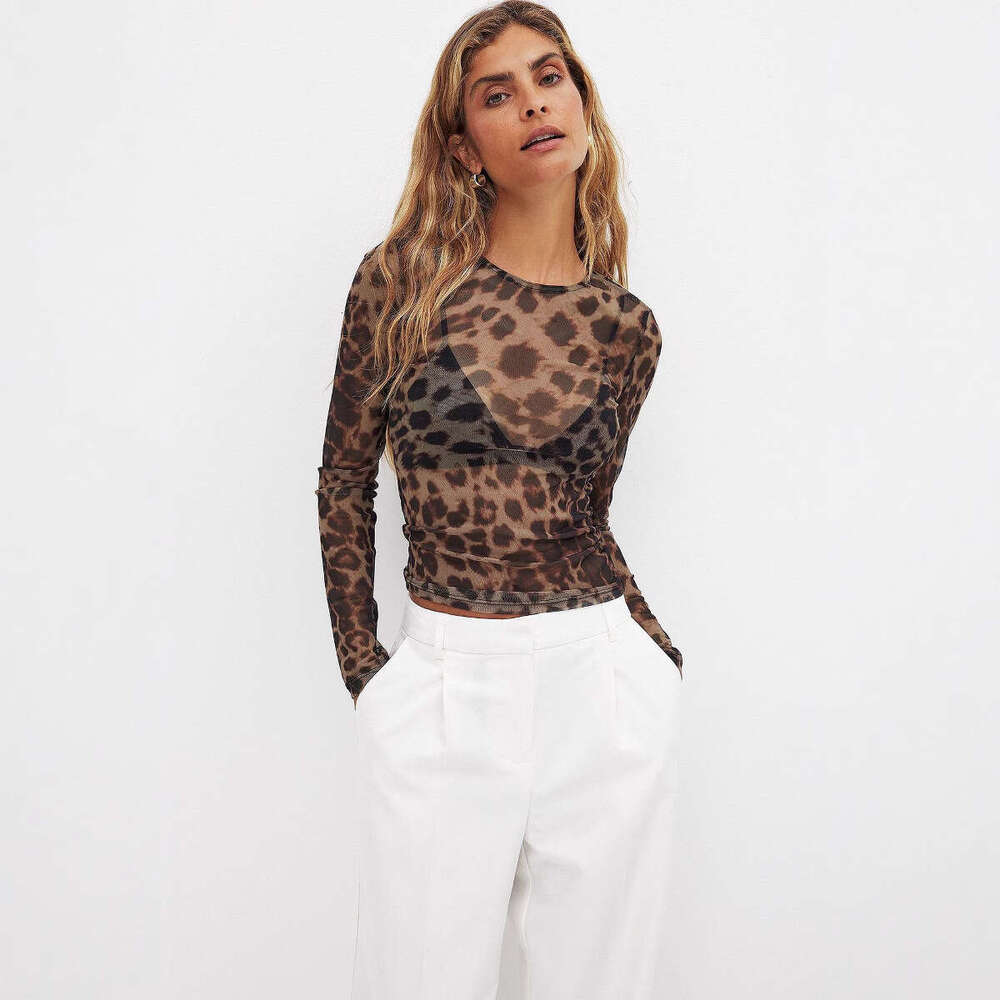 New European and American cross-border women's sexy leopard print mesh printed bodysuit T-shirt top for women