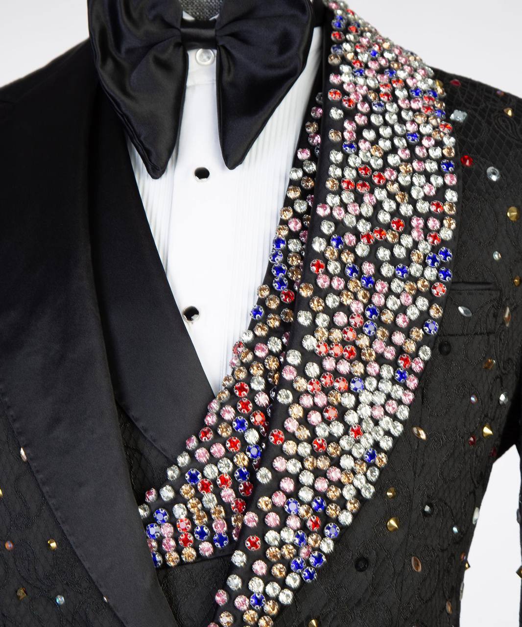 Luxury Men Suits Rhinestone Peaked Lapel Jacquard Blazer 3 Pieces Tailor-Made Jacket One Button Groom Customized Coat Vest Pants Plus Size