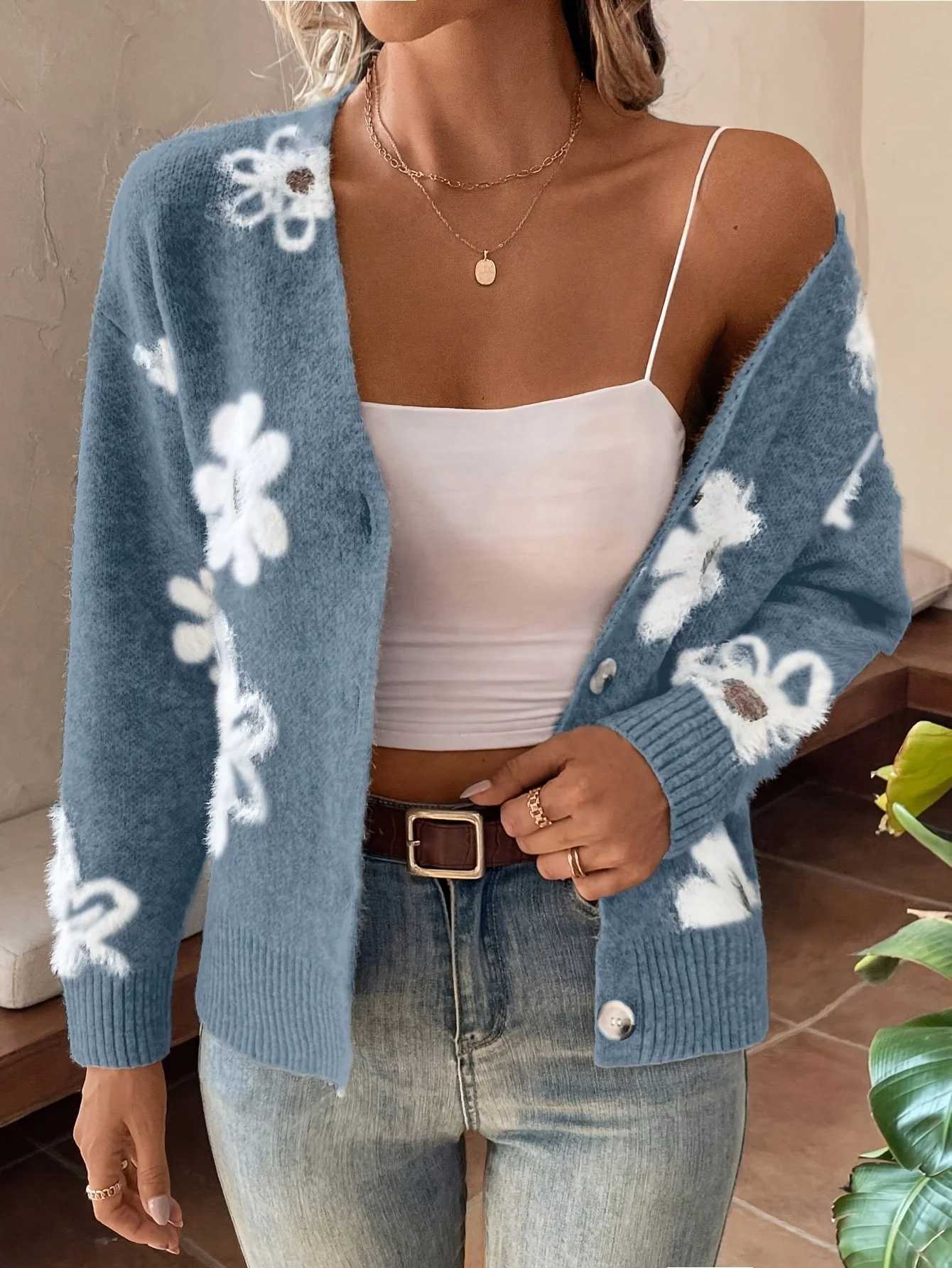 New flower pattern spring autumn loose knitted cardigan sweet casual V-neck button knitted sweater coat M260306