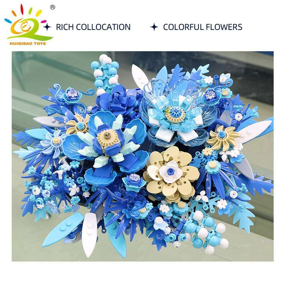 HUIQIBAO 917PCS MOC Blue Flower Model Building Blocks 3D flores Bouquet Potted Plants Bricks Kits Children DIY Toy Home Decor Z260306