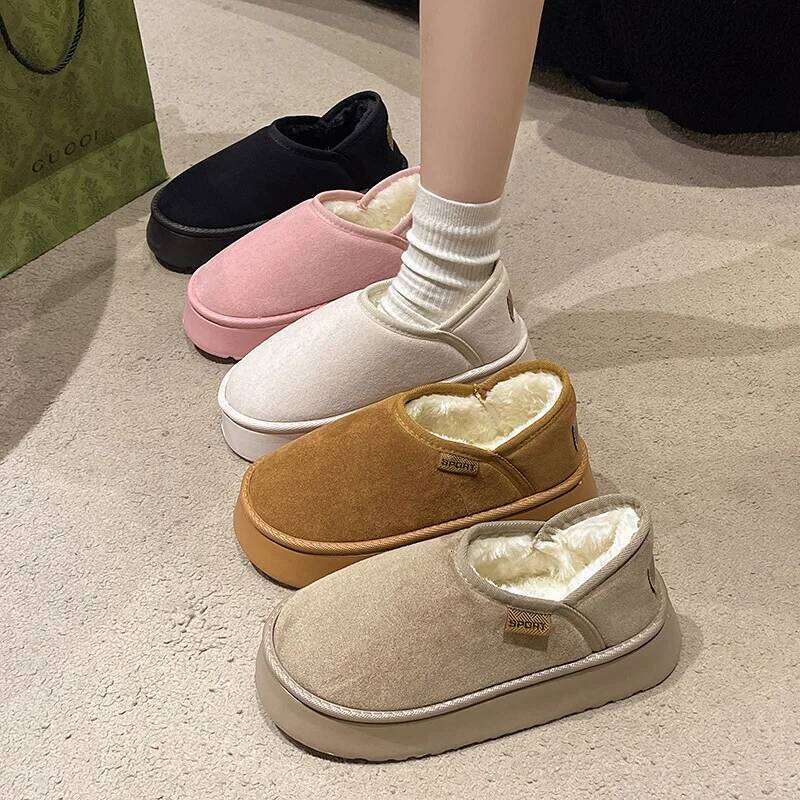 Litfun Fuzzy Lining House For Women Winter Warm Fur Fluffy Slippers Outdoor Antiskid Plush Thick Sole Cotton Shoes