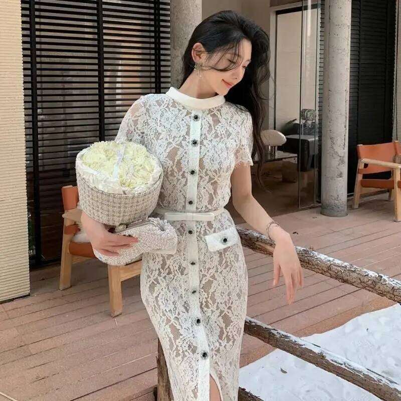 Luxury Summer Bead Crystal Sexy Perspective Eyelash Lace Long Dress Women Evening Short Sleeve Pencil Party Midi Dresses Mdng260306