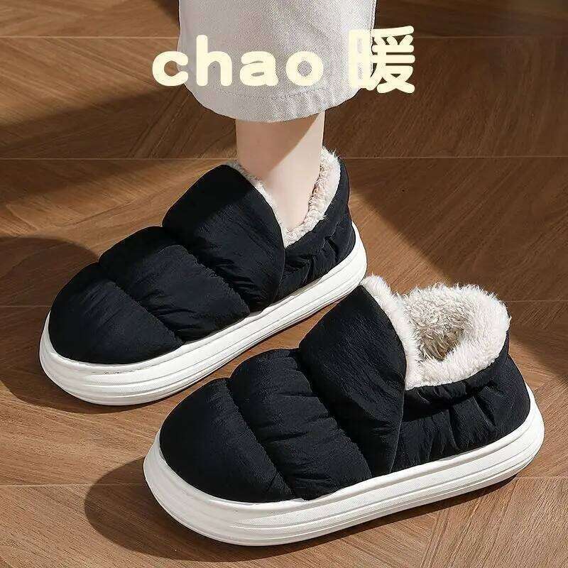 Litfun Winter Down fabric Women's Waterproof Non-slip Slides Warm Cozy Indoor Slippers Plush Lining Women Cotton Shoes