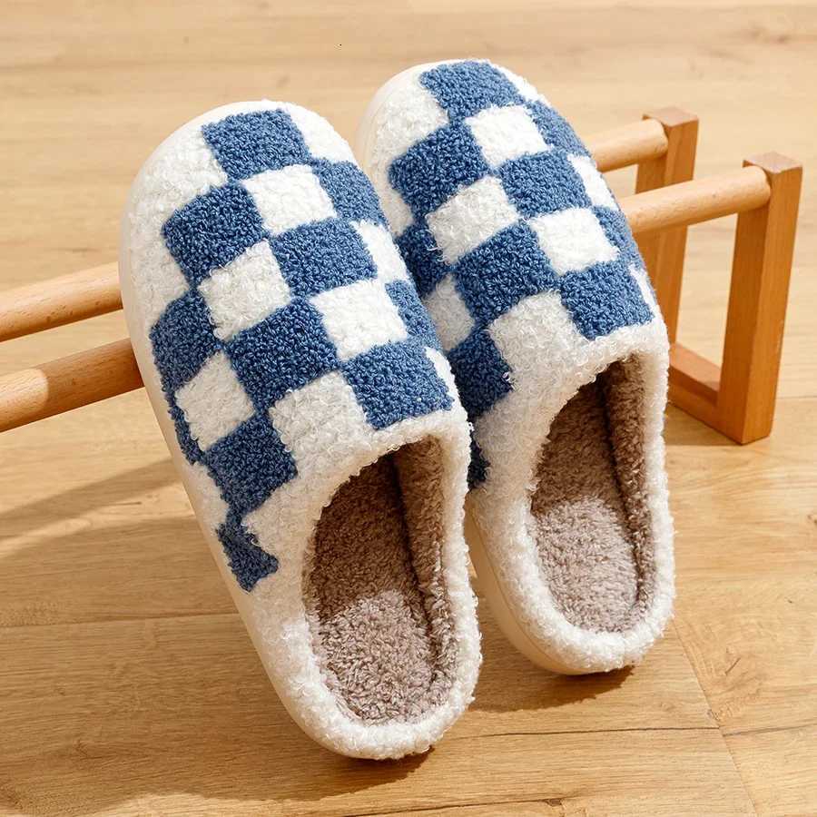 Fashion Retro Checker Womens Winter Warm Home Slippers Couple Indoor Bedroom Plush Anti-slip Soft Sole Leisure Shoes Men S260305