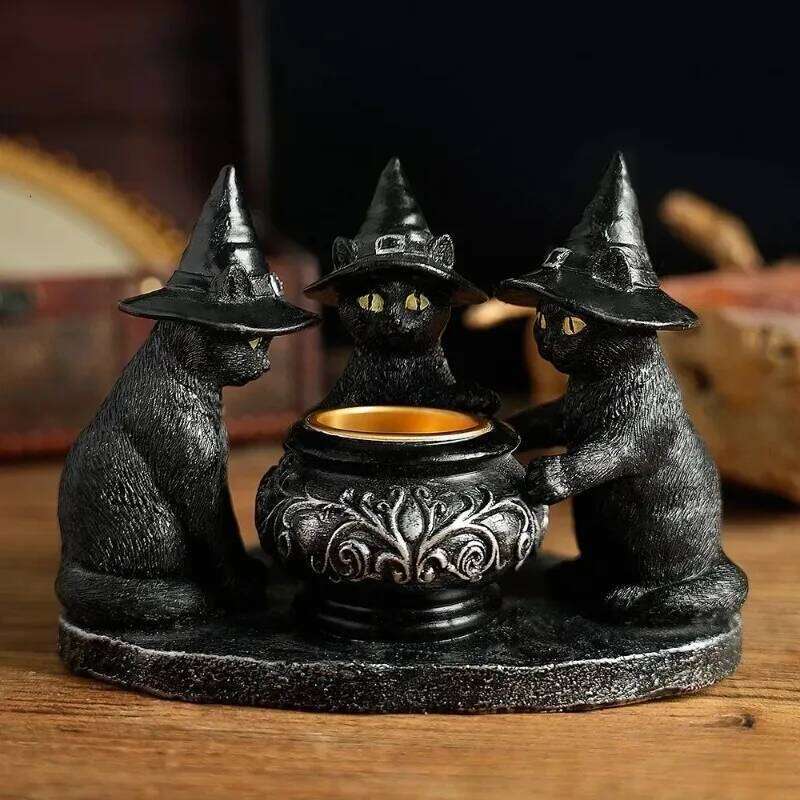 Halloween Decoration Figurines Familiar Cauldron Tea Light Black Witches Cats Candlestick Holder Home Bar Table Ornaments XJ260305