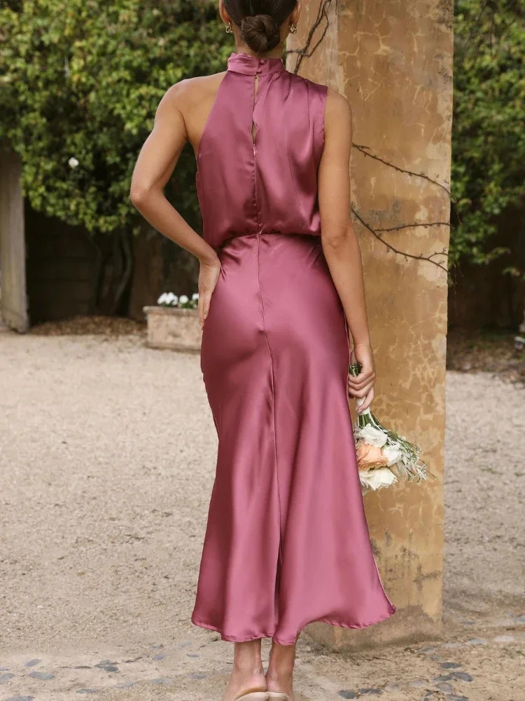 Summer Fashion Womens Elegant Banquet Style Solid Color Stacked Collar Sleeveless Sexy Party Long Dress 260302