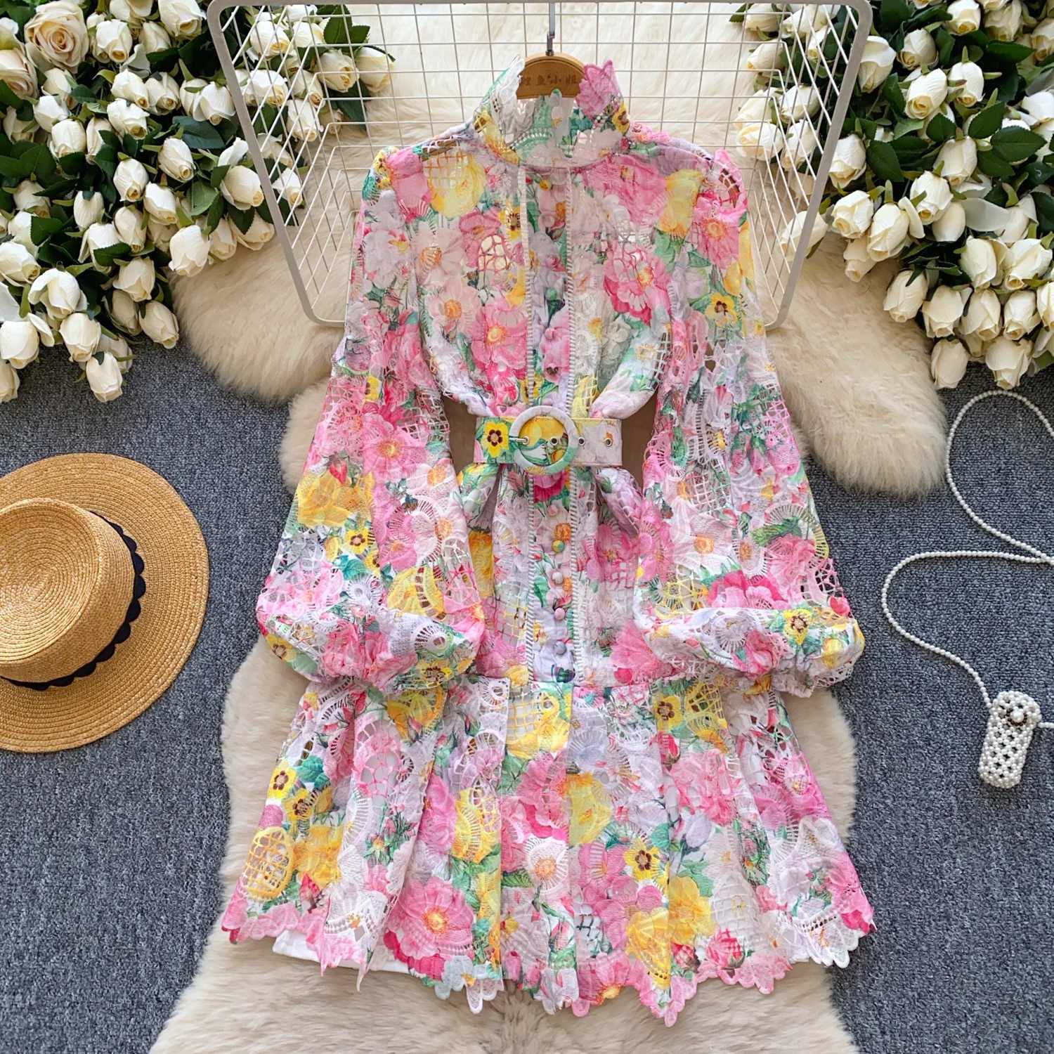 Women Sexy vintage Hook flower hollow lace lantern sleeve Single Breasted O Neck Dress Elegant Long Sleeve Slim mini dress X260306