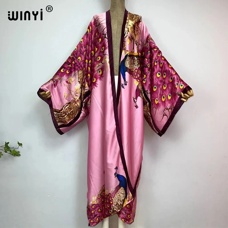 WINYI Summer Women Cardigan stitch Cocktail sexy Boho Maxi African Holiday Batwing Sleeve Silk feeling Robe kimono kaftan 260228