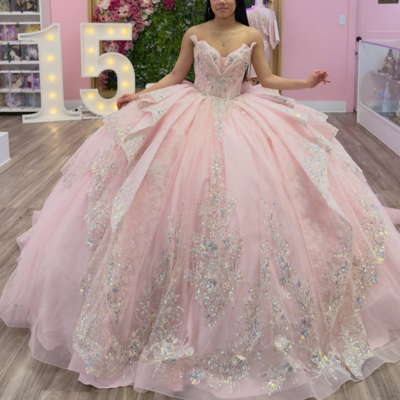 Pink Shiny Quinceanera Dresses Ball Gown Off The Shoulder Applique Lace Beading Crystal Bow Corset Party Birthday Sweet 16 Dress Vestidos 15 De Anos