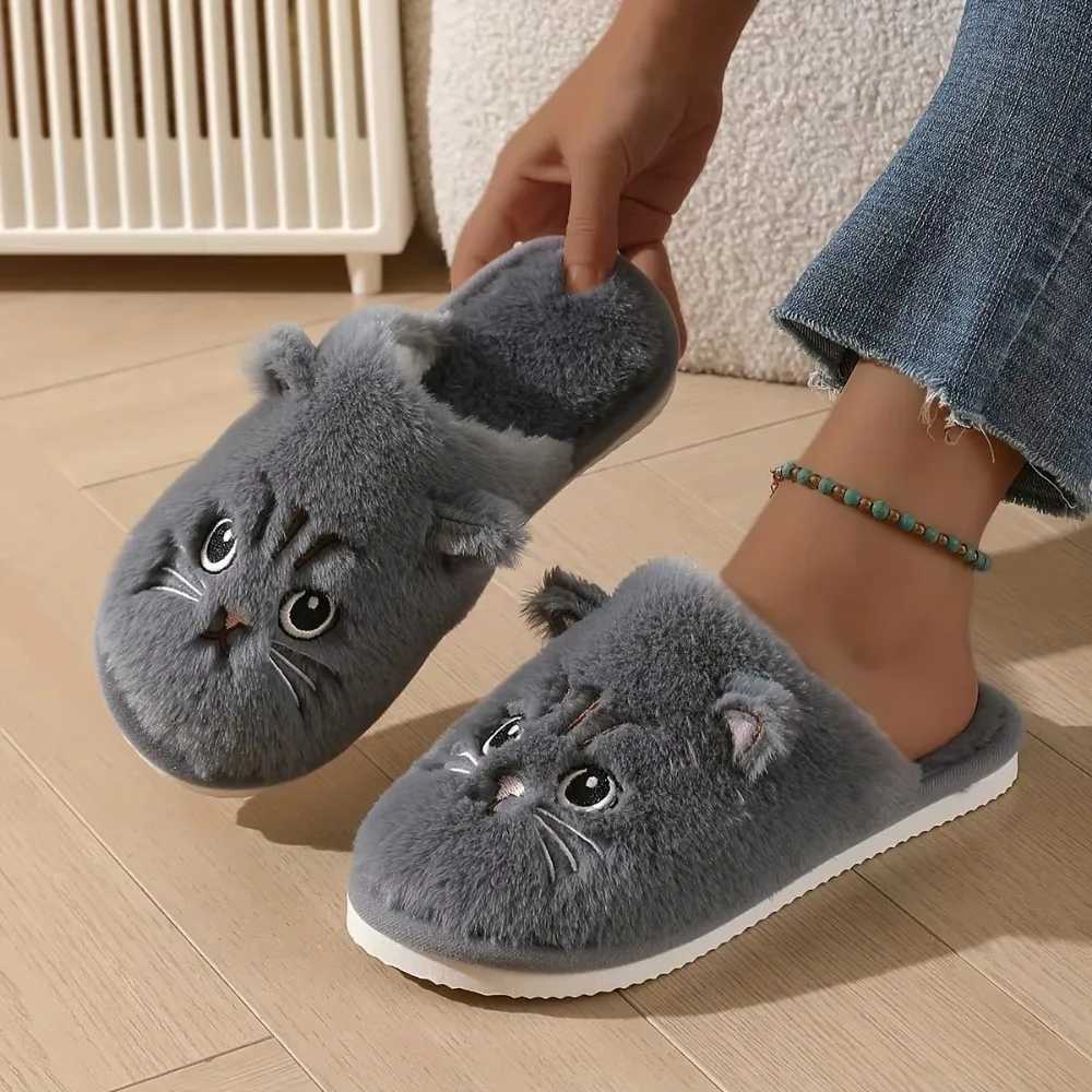 Womens Plush Cat Slippers Winter Warm Cozy Indoor House Shoes Soft EVA Sole Non-Slip Design S260305