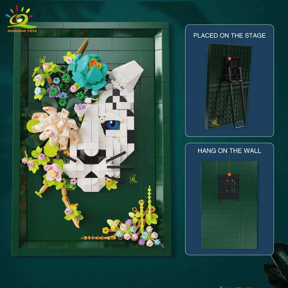 HUIQIBAO MOC Lion Leopard Shark with flower Building Blocks Animal model Hanging wall Brick Toy set display stand Home Decor. Z260306