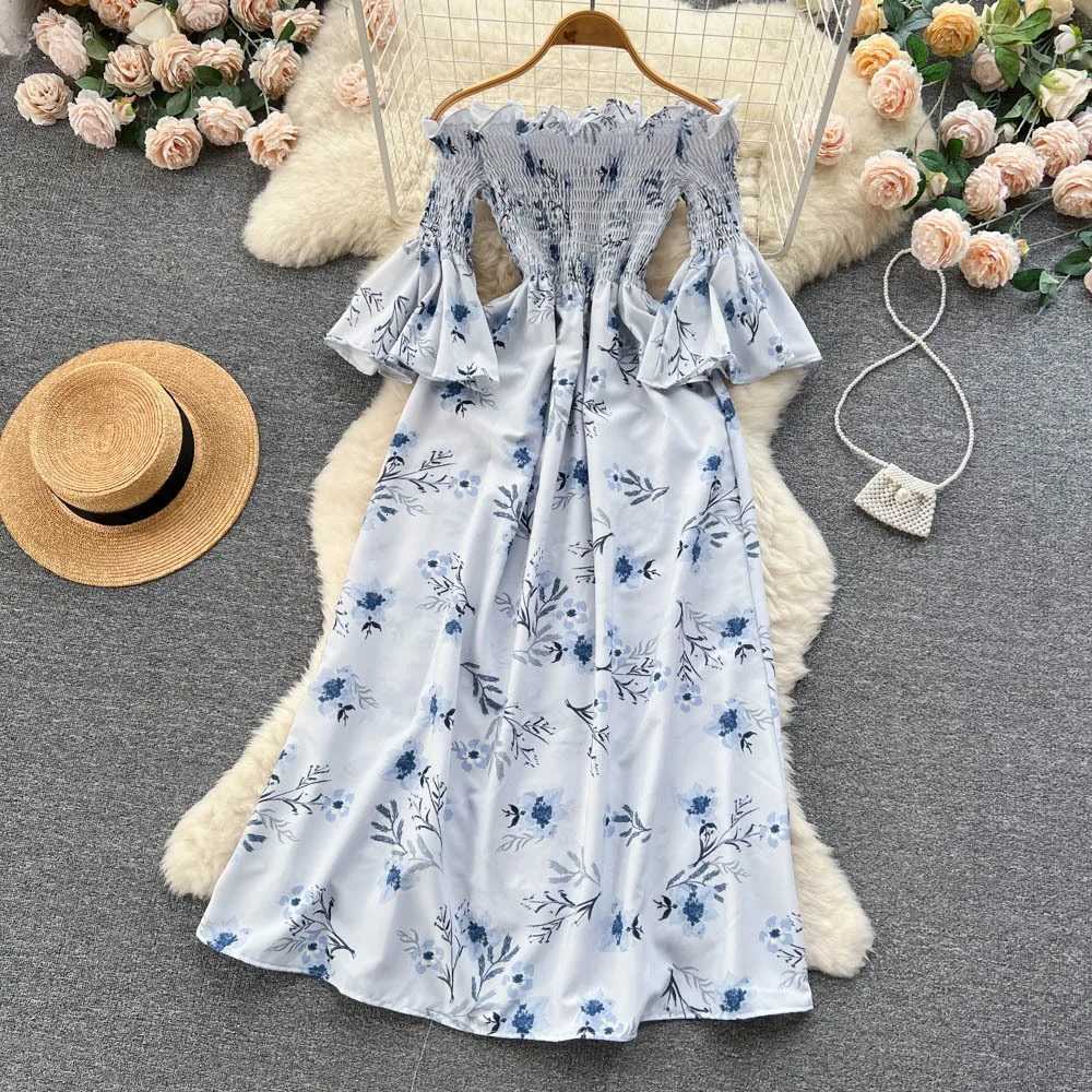 YuooMuoo Chic Fashion Floral Print Women Dress 2025 New Summer Y2K Off Shoulders Flare Sleeve Long Dress Vacation Beach Vestidos X260306