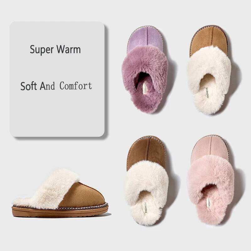 Litfun Fur Fluffy Slippers For Women Winter Warm Non-slip Indoor Bedroom Flat Slides Cozy Plush House Cotton Shoes