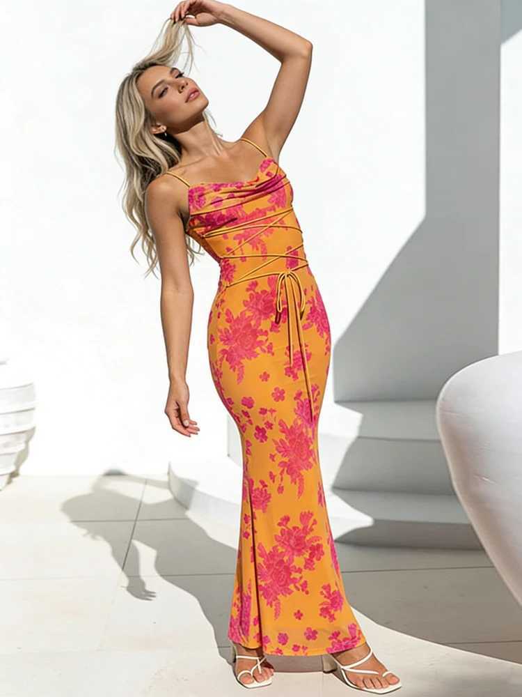 Fashion Summer Floral Printing Casual Slip Dress for Women New Slim Evening Party Long Dresses Sexy Backless Holiday Dress Robe X260306