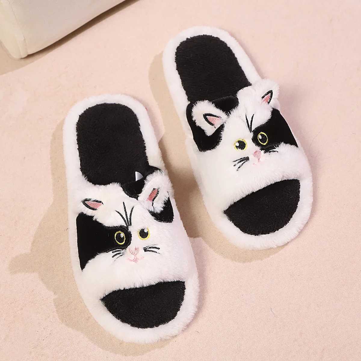 Women Indoor Fluffy Slippers Warm Faux Fur Open Toe Home Floor Shoes Cute Cat Style Plus Size Couples House Floor Slides S260305