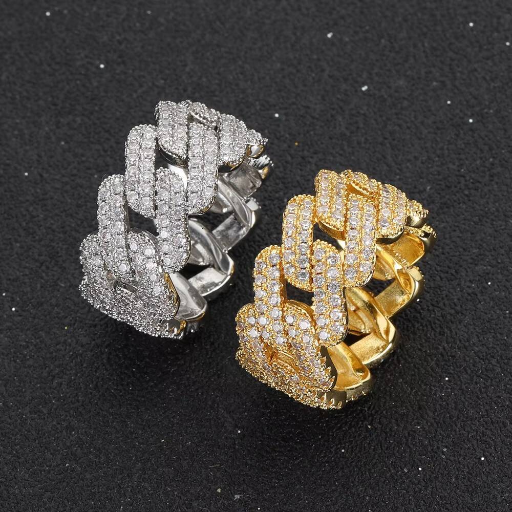 Wholesale Fashion Hip Hop Cuban Chain Rings Brass Gold Plating Iced Out Cubic Zircon Cuban Link Ring Gift for Men Women Jewelry