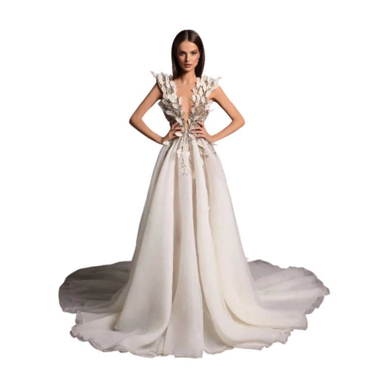 Elegant V Neck Feathers Evening Dresses Sexy Sleeveless Sequined Lace Prom Dress Customized Sweep Train Party Gown