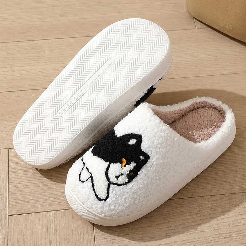 2024 Winter Women Black Cat Slippers Men Cartoon Home Black Dog Floor Sandals Couples Indoor Slippers Adults Warm Non-slip Shoes S260305