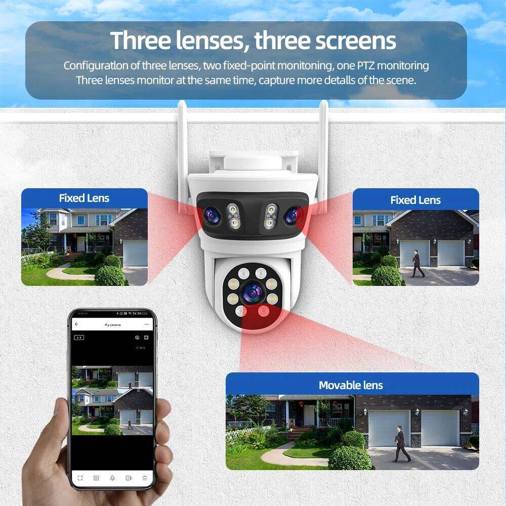 3 Lens Tuya SmartLife 2.4G WiFi+BLE 3MP WiFi Motion Tracking Color Night Vision Outdoor PTZ CCTV Siren Light Alarm Camera 26W0306