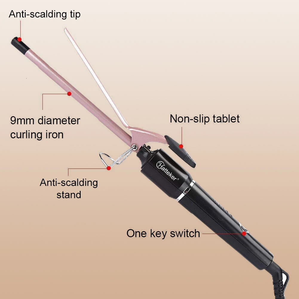 Hatteker 9mm Professional Hair Curler Ceramic Barrel Iron Smart Auto-Off Womens Wet/Dry Constant Temperature Protection Tool 260305