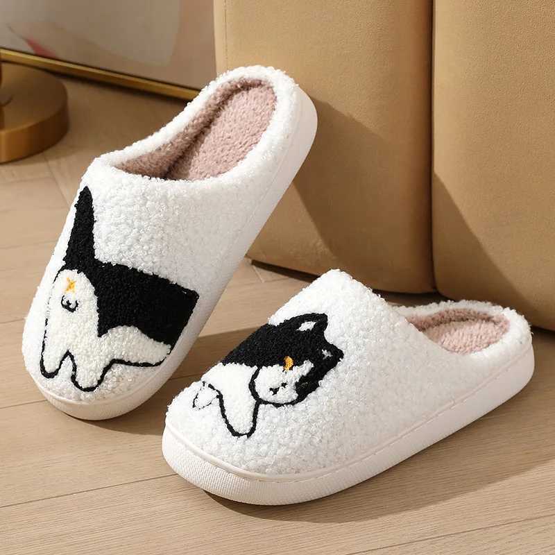 2024 Winter Women Black Cat Slippers Men Cartoon Home Black Dog Floor Sandals Couples Indoor Slippers Adults Warm Non-slip Shoes S260305