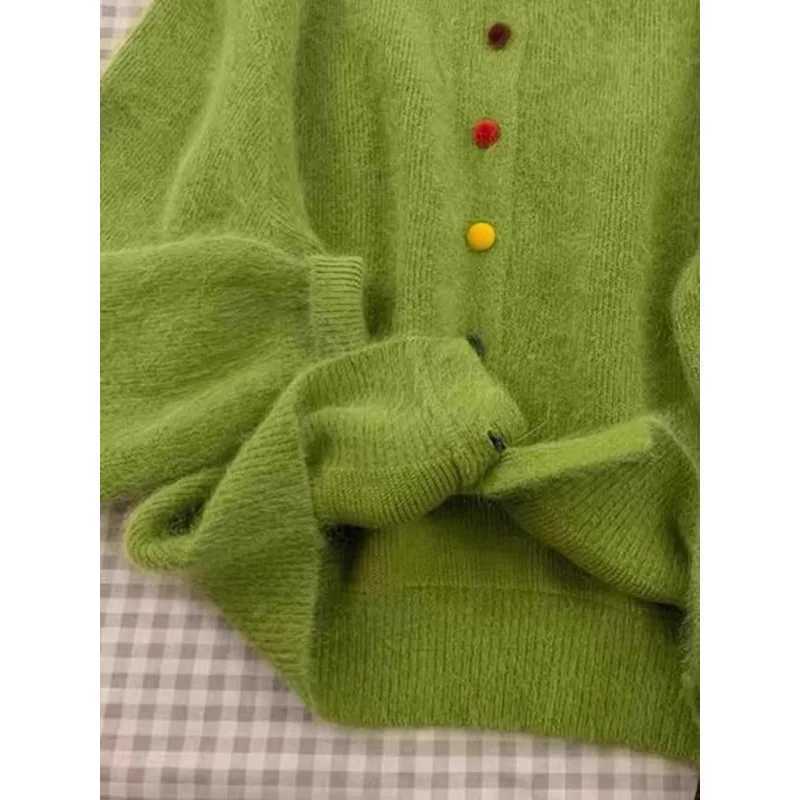 Retro Green Top Colorful Buttoned Sweater Jacket for Women Spring Autumn Loose White Knitted Cardigan M260306